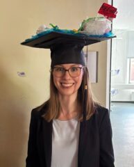 Dr.-InG Stefanie Fritzsche after her doctor exam wearing a doctor hut