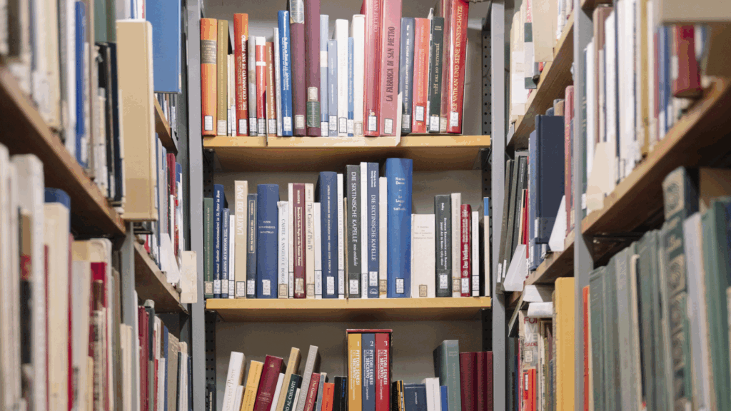A picture of shelfs full with books and other publications