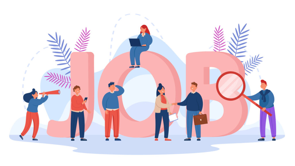 Tiny people searching for business opportunities. Interview with company supervisor, word job in background flat vector illustration.